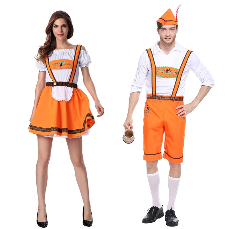 

Man Women Bavaria Oktoberfest Orange Beer Costume Shirt Lederhosen Suspender Dress Beer Maid Outfit