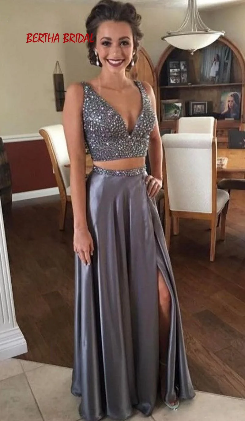 Awesome Beaded Crystal Two Piece Prom 