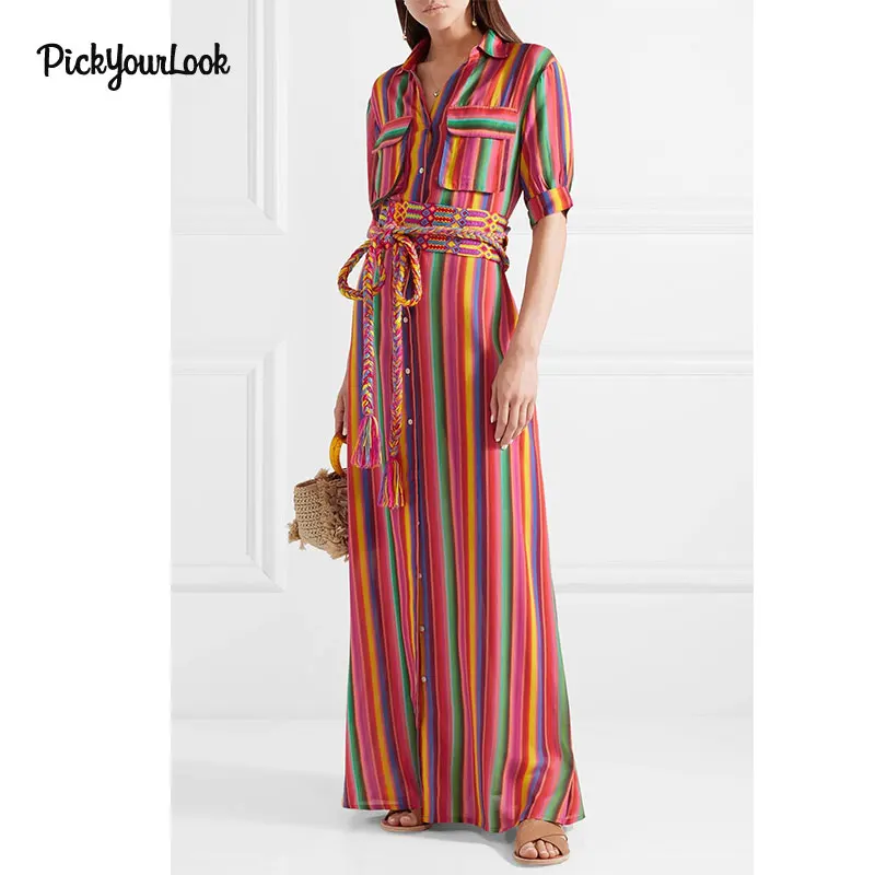 Pickyourlook Женское Платье макси с отложным воротником рукавом в полоску на пуговицах