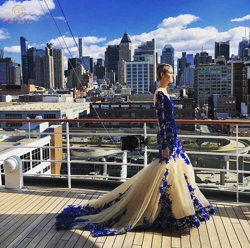 

2019 New Arrival Long Sleeve Royal Blue Lace Evening Dresses Mermaid Capped Appliques Zipper O Neck Plus Size Tulle Prom Gowns