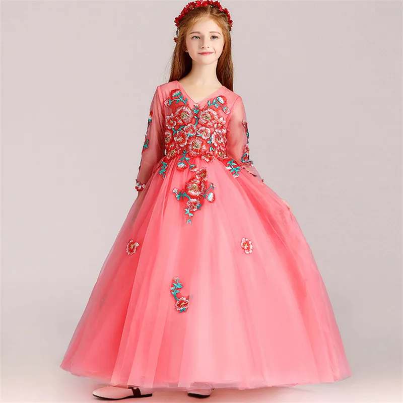 

Spring Luxury Children Girls Long-Sleeves Embroidery Flowers Birthday Evening Party Mesh Dress Teens Host Piano Costume Dress
