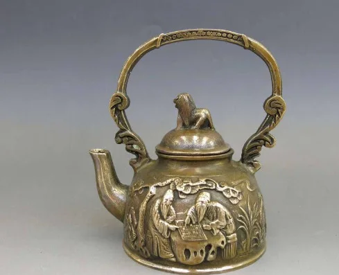 

Chinese Brass Copper Carven Dog 2 Old Man chess pattern water teapot teakettle
