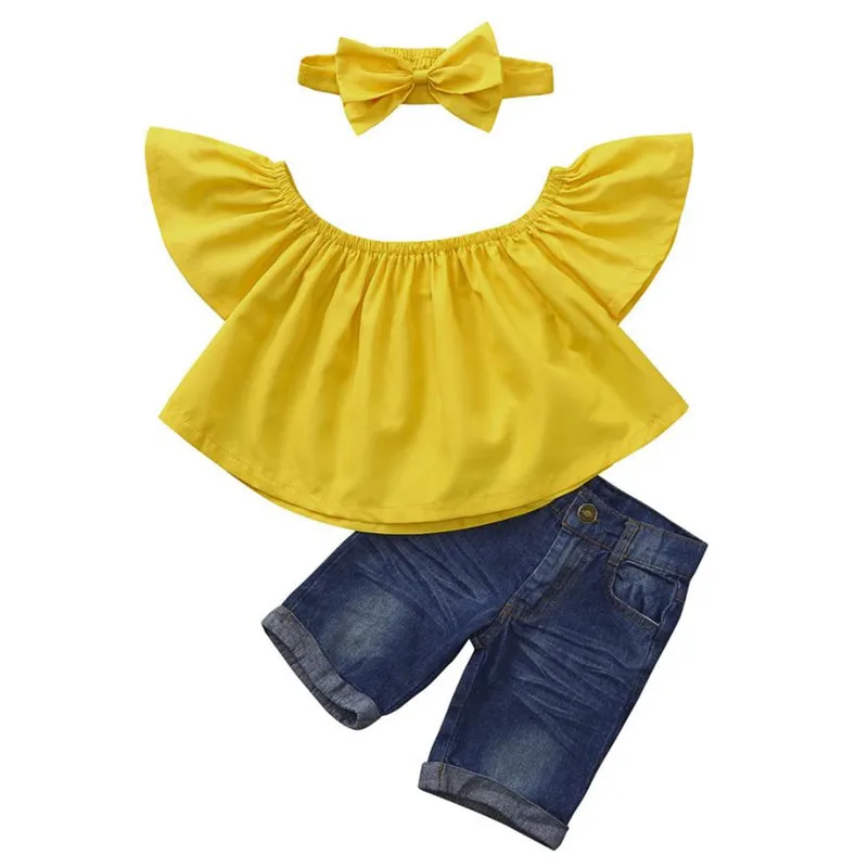

ARLONEET Baby Clothes Set Girls Off Shoulder Crop Tops+Denim Shorts+Headband Clothes Set Girl 1 to 4 Years Drop Shipping 30S530