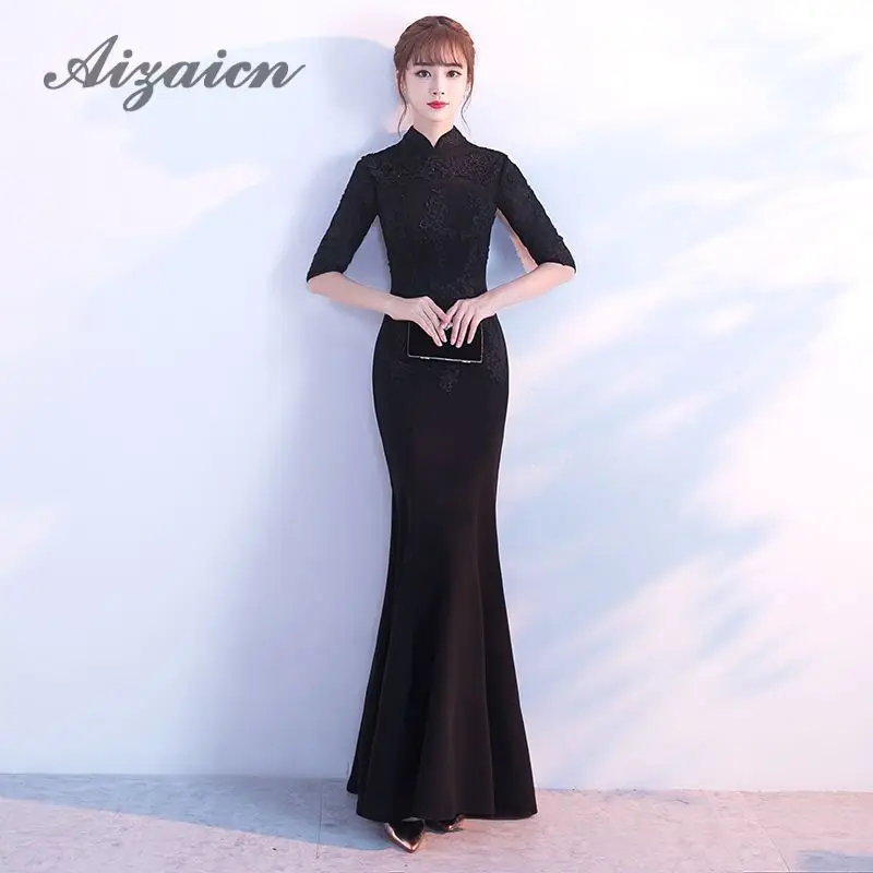 

2018 Black Qippao Sexy Modern Qipao Dress Traditional Chinese Fashion Oriental Evening Dresses China Clothing Store
