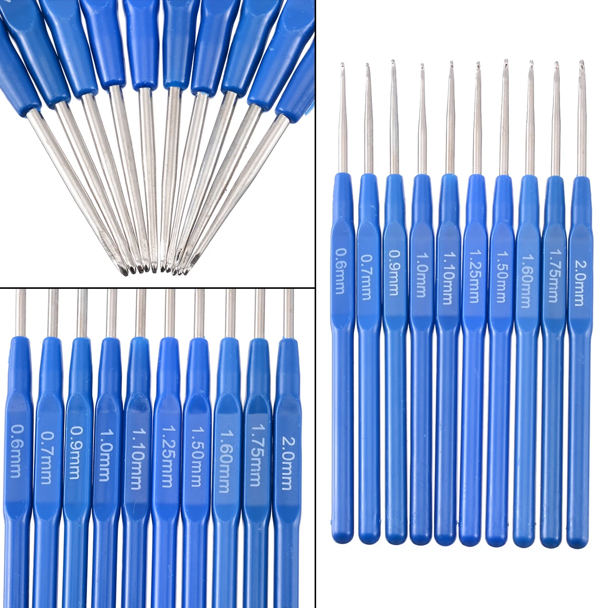 10pcs Blue Metal Knitting Needles Length 14mm Hook Size 0.6-2mm Crochet Hooks Tools Kit With Ergonomic Grips