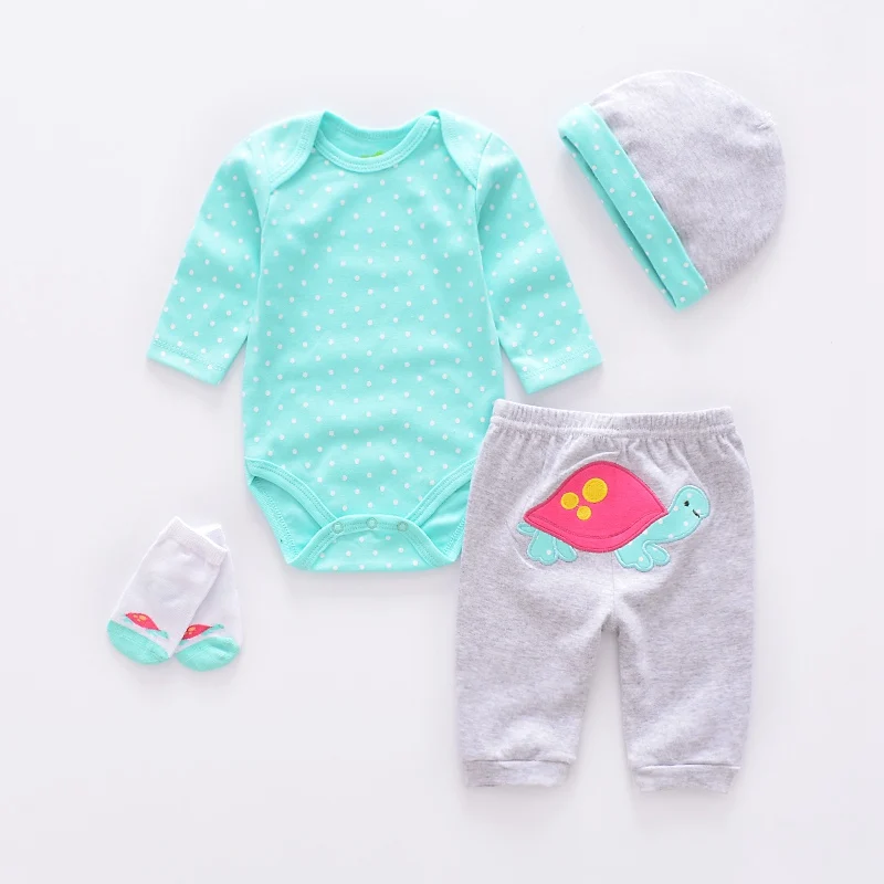 Милый комплект одежды в стиле Черепашки/динозавра для малышей, хлопковые комплекты одежды для мальчиков, костюм из 4 предметов для новорожденных, боди с длинными рукавами+ штаны+ носки+ шапочка - Цвет: color as photo