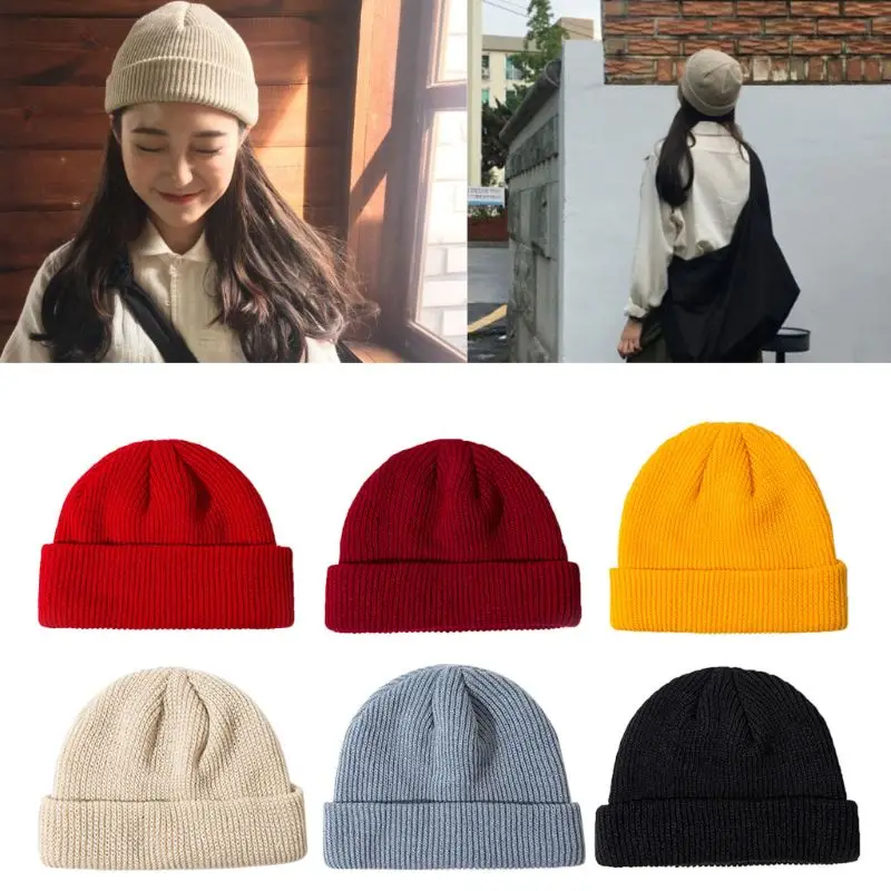 

New Women Unisex Winter Knitted Cuffed Short Melon Cap Solid Color Skullcap Baggy Retro Ski Fisherman Docker Beanie Hat Slouchy