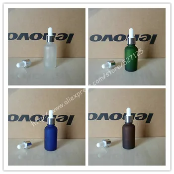 

30ml frosted clear/green/brown/blue glass bottle with shiny silver ring black/white rubber cap,essential oil bottle.