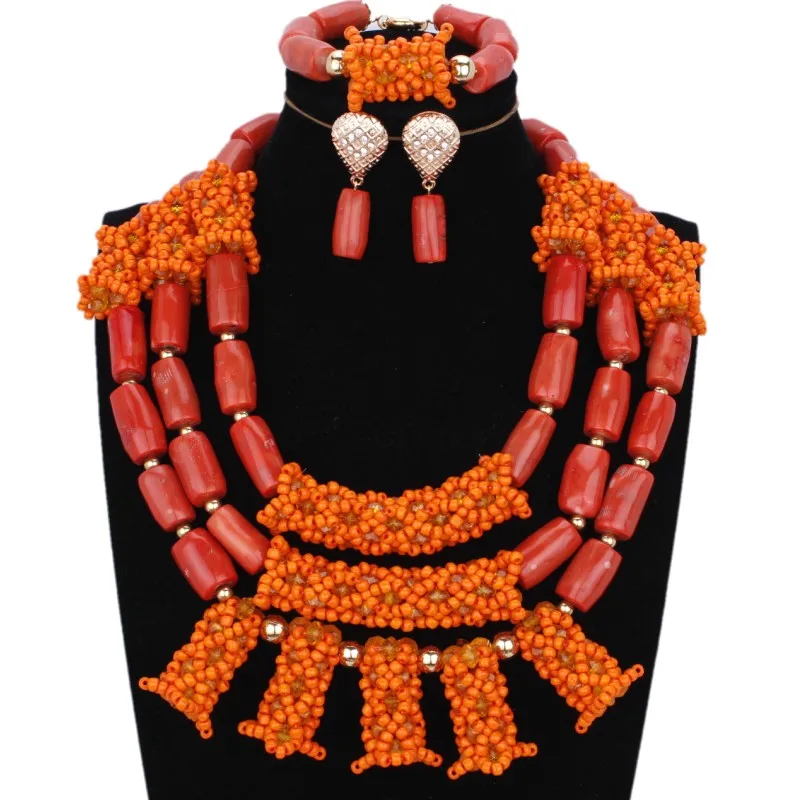 Модный комплект ювелирных изделий из африканских бусин нигерийский Свадебный коралловый бисер ожерелье s 3 слоя ожерелье набор с золотыми шариками Дубай Набор