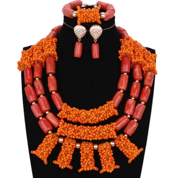 

4ujewelry Bridal Jewelry Sets Nigerian African Nature Coral Beads Necklace Set For Women 3 Layers Big Jewellery Set Free Ship