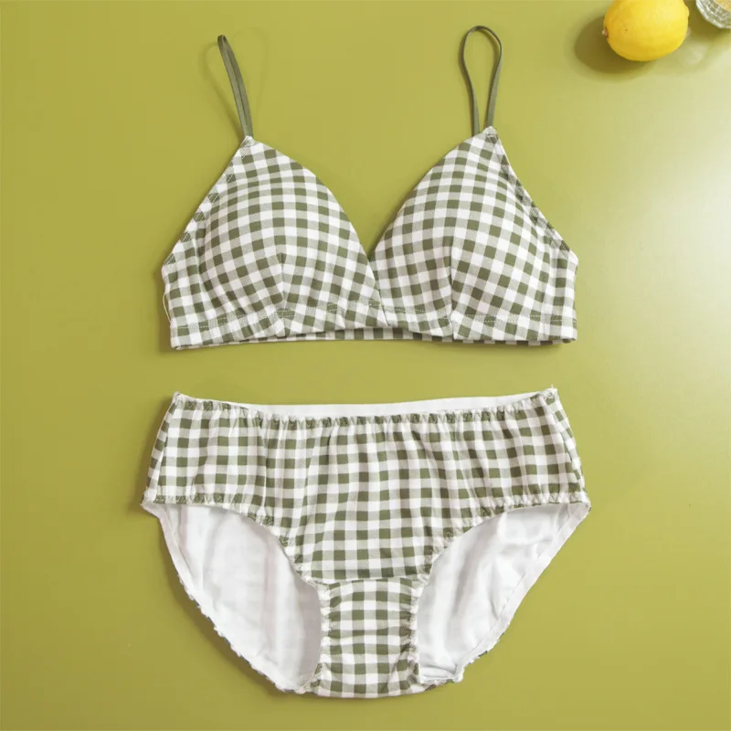 Japan Style Plaid Cotton Women Bra Sets Triangle Lingerie Set Soft Bralette Underwear Women Colorful Female Bra And Panty Set - Цвет: GREEN