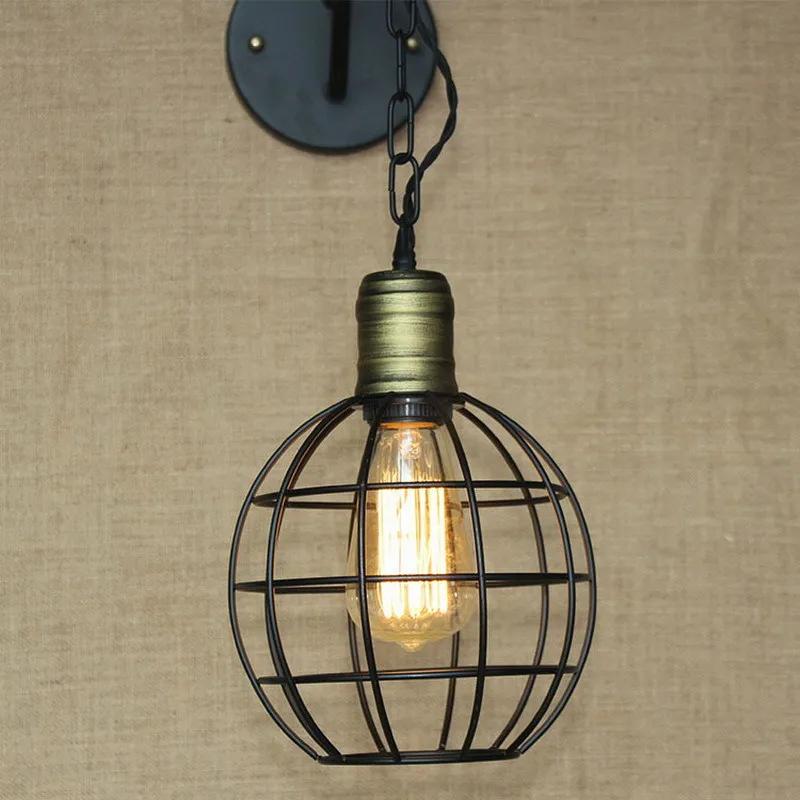 Modern Iron Chain Design Antique Retro Bird Cage Metal Ball Wall Lamps With Long For Workroom Bedside Bedroom Lights|ball wall lamp|designer lampwall