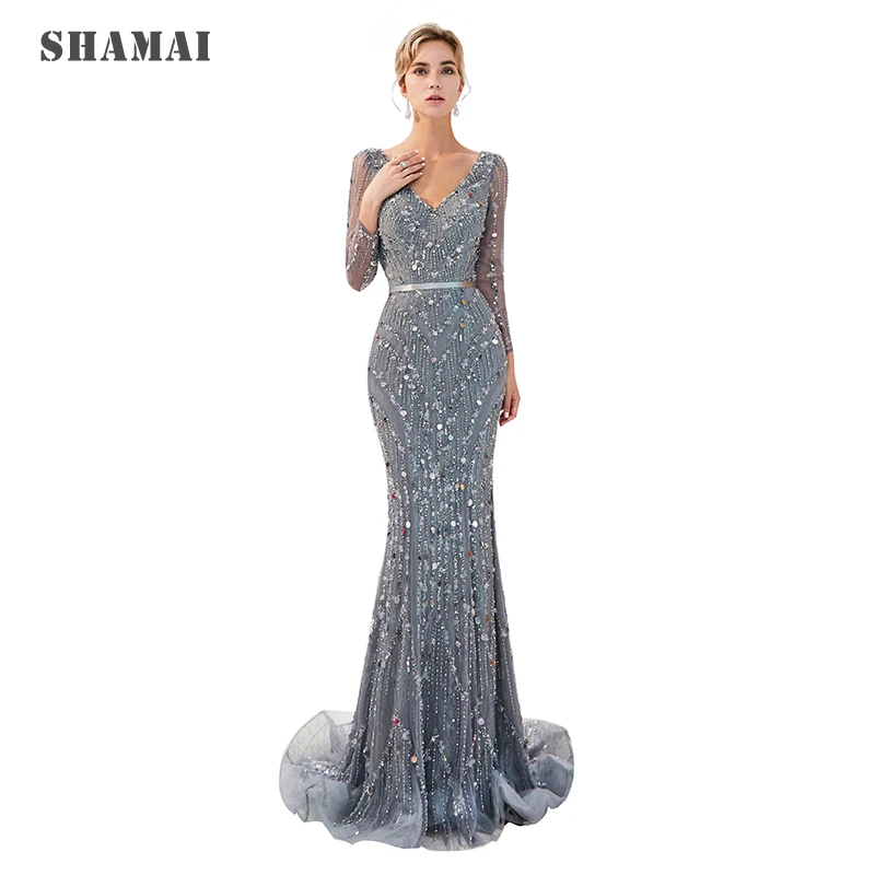 SHAMAI Women Long Floor Length Evening Dress Elegant Party Formal Beading Mermaid Evening Dresses V-Neck Sexy Prom Gown SHAMAI Women Long Floor Length Evening Dress Elegant Party Formal Beading Mermaid Evening Dresses V-Neck Sexy Prom Gown