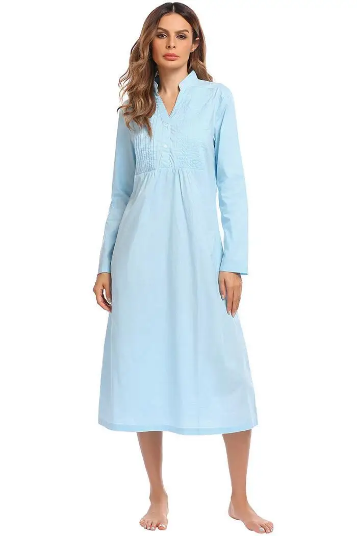 Ekouaer, винтажная длинная ночная рубашка, женская, хлопок, ночная рубашка, v-образный вырез, длинный рукав, плиссированная, одежда для сна, мягкое Ночное платье