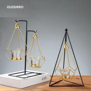 

Nordic Style Gold Geometric Wrought Iron Hanging Candlestick Wedding Decoration Home Craft Candle Holders Table Ornament Props