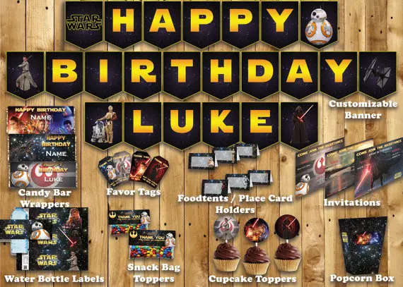 

1Set Star Wars Party decoration Customizable banner Water bottle label invitation card Cupcake toppers Food tents Thanks tags