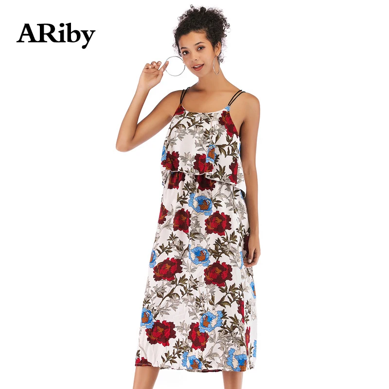 Women Dress Summer Maxi Dress 2019 New Fashion Floral Print Chiffon Slim Plus Size Sleeveless Round Collar Mid-Calf Sling Dress Women Dress Summer Maxi Dress 2019 New Fashion Floral Print Chiffon Slim Plus Size Sleeveless Round Collar Mid-Calf Sling Dress