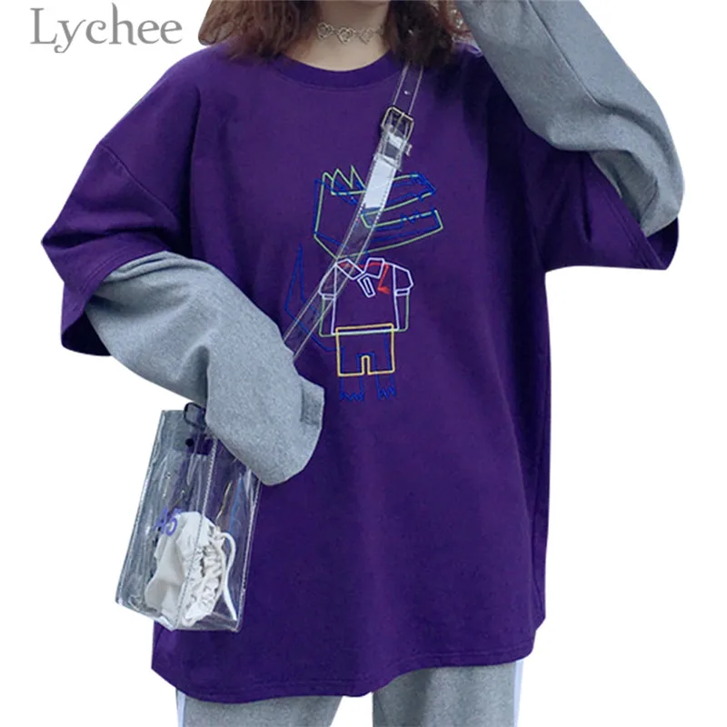 Lychee Harajuku Мультфильм крокодиловая вышивка Лоскутная Толстовка с круглым вырезом
