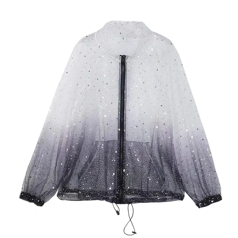 

Harajuku Sun Protection Coat Gradient Sequin Female Jacket Women Thin Plus Size Feminine Coat Long Sleeve Transparent Jacket