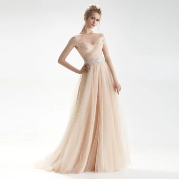 

Vestido de Noiva 2020 Princess Champagne Wedding Dress Sheer Neck Tulle A-line Bride Gown with Belt Custom Made Robe De Mariee