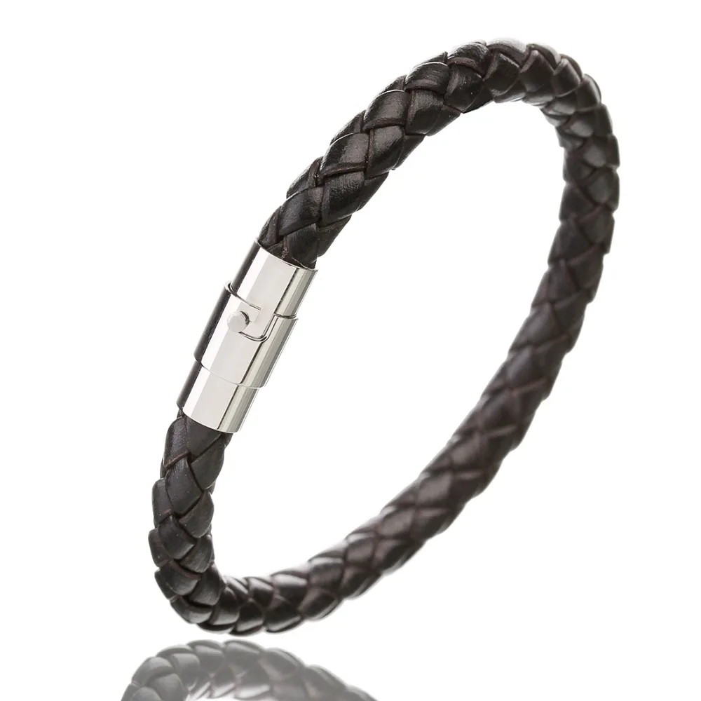 Para hombres Genuino Cuero Marrón Plano Trenzado Muñequera Brazalete Broche De Acero Inoxidable