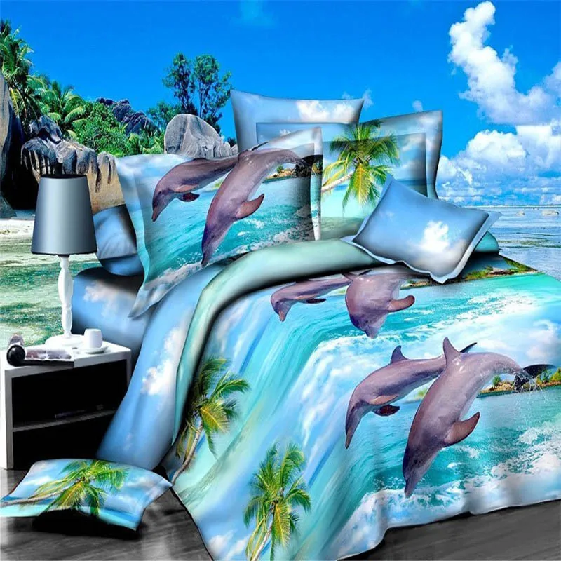 

Luxury Smart 3d bedding set bedclothes 4pcs bed set Duvet Cover flat sheet Home Textiles pillowcase Queen size Fish Sea dolphin