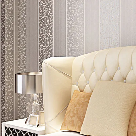 

Brand 3d flocking Creamy-white European vertical stripe wallpaper rolls living room non-woven wall paper background wallcovering
