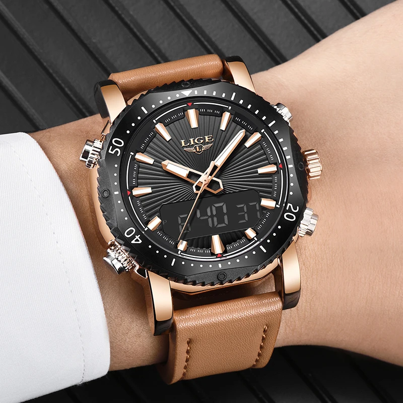 LIGE New Mens Watches Top Brand Luxury Quartz Dual Display Sport Waterproof Waterproof Men Business Leather Clock Montre Homme
