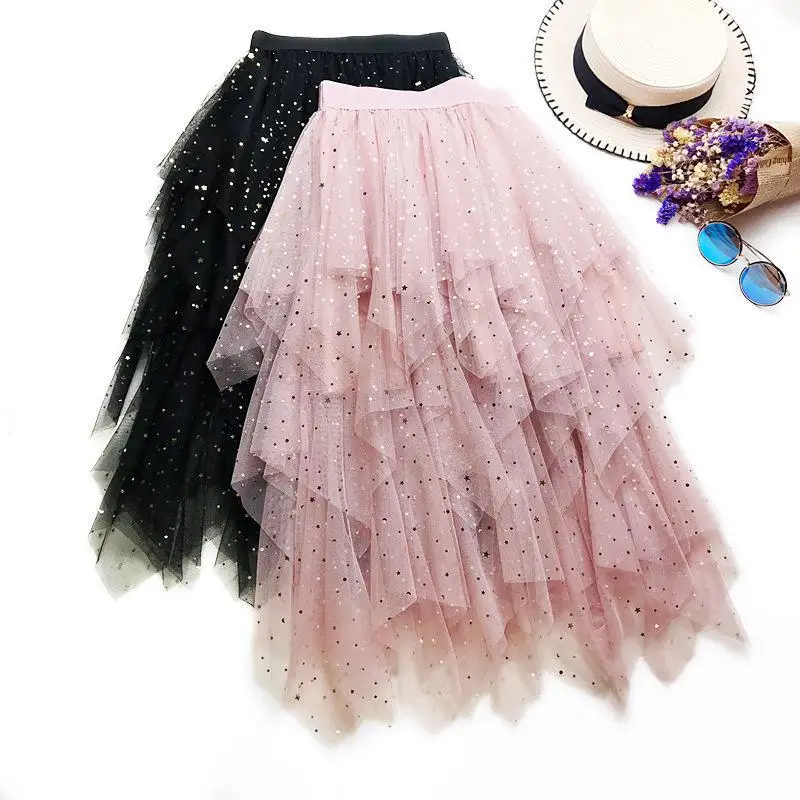 Новое поступление, летняя многослойная юбка с пайетками и звездами, элегантная пышная Асимметричная юбка, 3 цвета