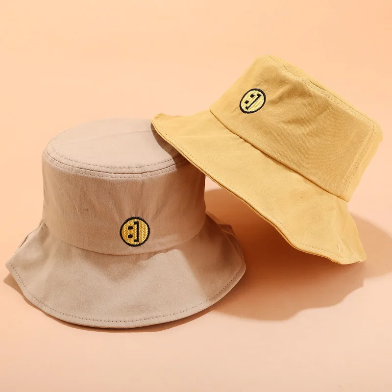 2019 summer new smiley embroidery fisherman hat women female Japanese small fresh basin cap student outdoor wild bucket sun hat