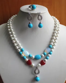 

party! Wholesale Women's 8mm 2 rows mixed colors jade/pearl /crystal Necklace earring ring(7/8/9) jewelry set #247