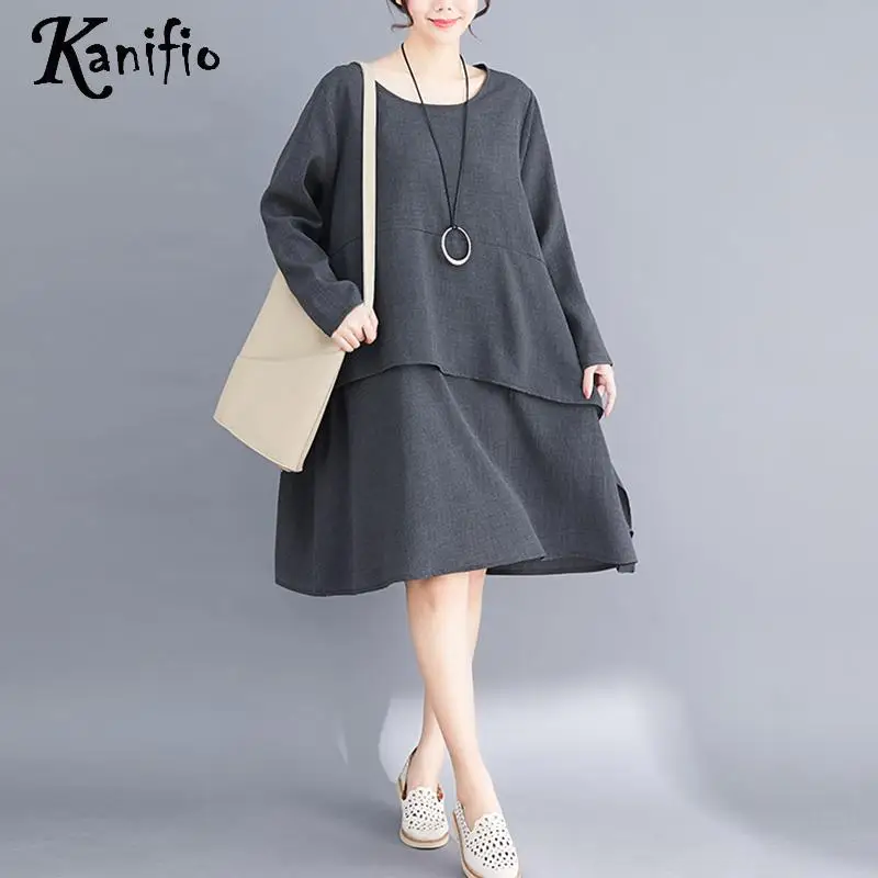 

Kanifio Plus Size Women Long Sleeve Solid Color Casual Loose Shirt Dress 2019 Autumn New Short Dresses Female Tunics Vestidios