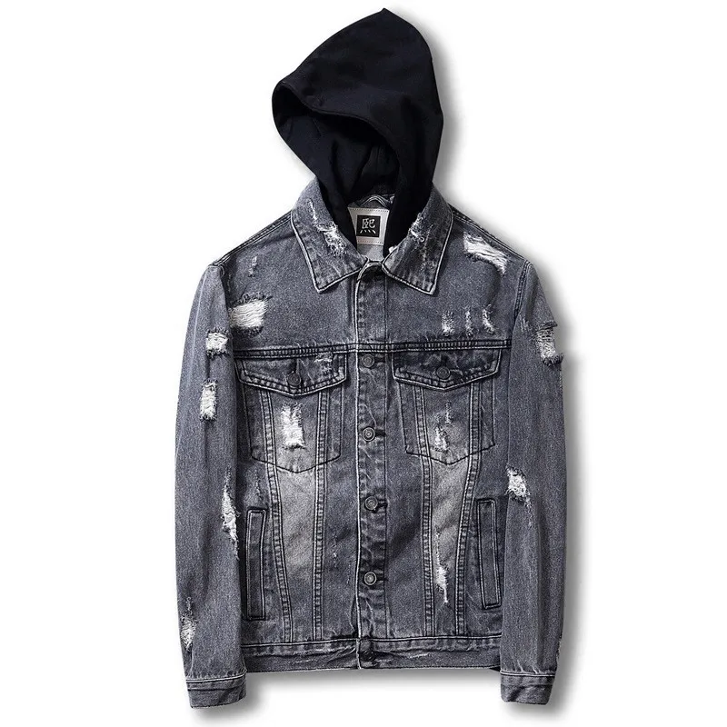

MORUANCLE Fashion Men's Ripped Denim Jackets Streetwear Distressed Jeans Trucker Jacket Destroyed Outerwear With Detachable Hood