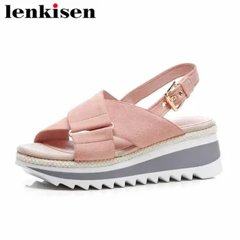 

Lenkisen sweet kid suede peep toe buckle strap summer shoe slingback high bottom simple style classic fashion women sandals L6f2