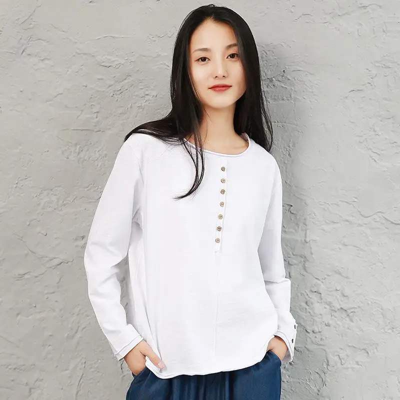 Johnature New Long Sleeved Button Women T-shirt Autumn Korean Casual Loose Comfortable O-neck Solid Color All-match T-shirt - Color: White