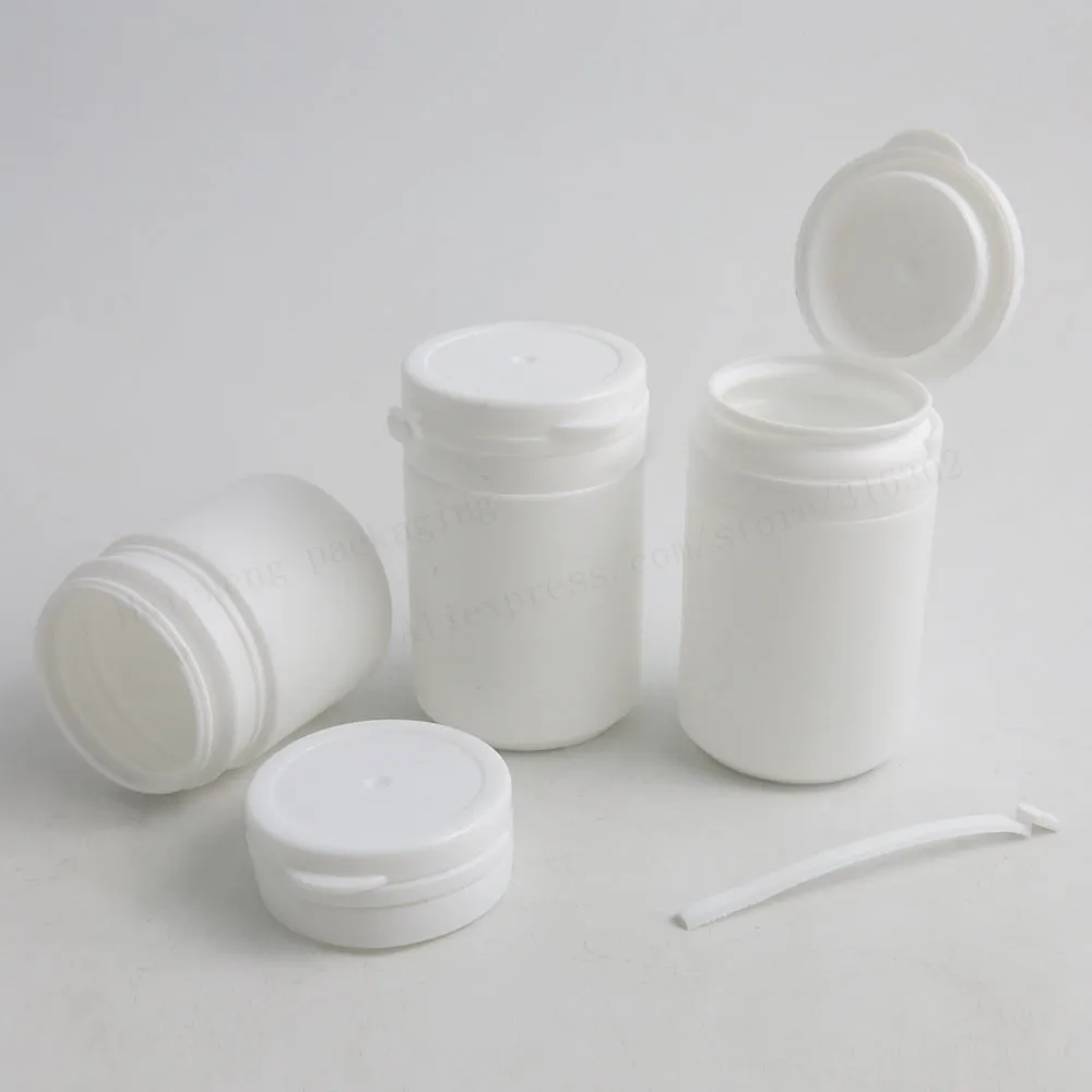 

50pcs 50ml 70ml 80ml HDPE Solid white pill bottle w/tearing cap hard plastic PE medical grade hinge Top Medical Bottle
