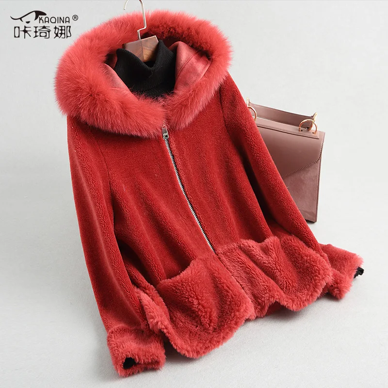 Зимнее пальто, Женское пальто из натурального меха, Овечья овчина, шерстяная куртка, Лисий мех, отделка, капюшон, куртка, теплое пальто, Abrigo Mujer KQN18154 YY408 - Цвет: Red
