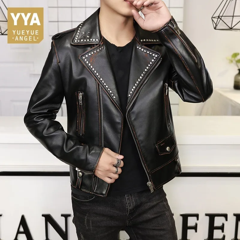 

High Quality Luxury Sheepskin Outerwear Men Punk Zipper Slim Fit Genuine Leather Coat Vintage Rivet Black Biker Jacket Male 2XL