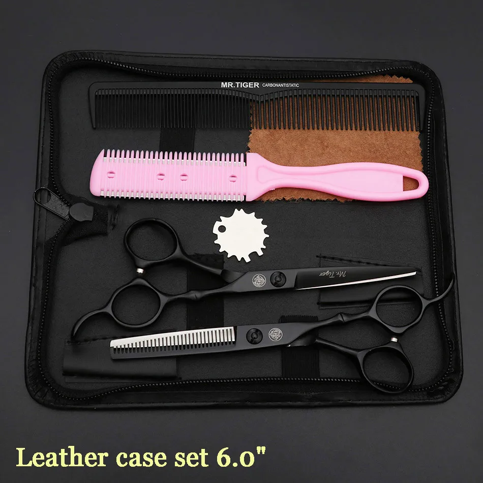 Япония Сталь 5,5 6,0 Профессиональный Парикмахерские ножницы набор ножниц для парикмахерской стрижки ножницы, ножницы стрижка - Цвет: leather case set