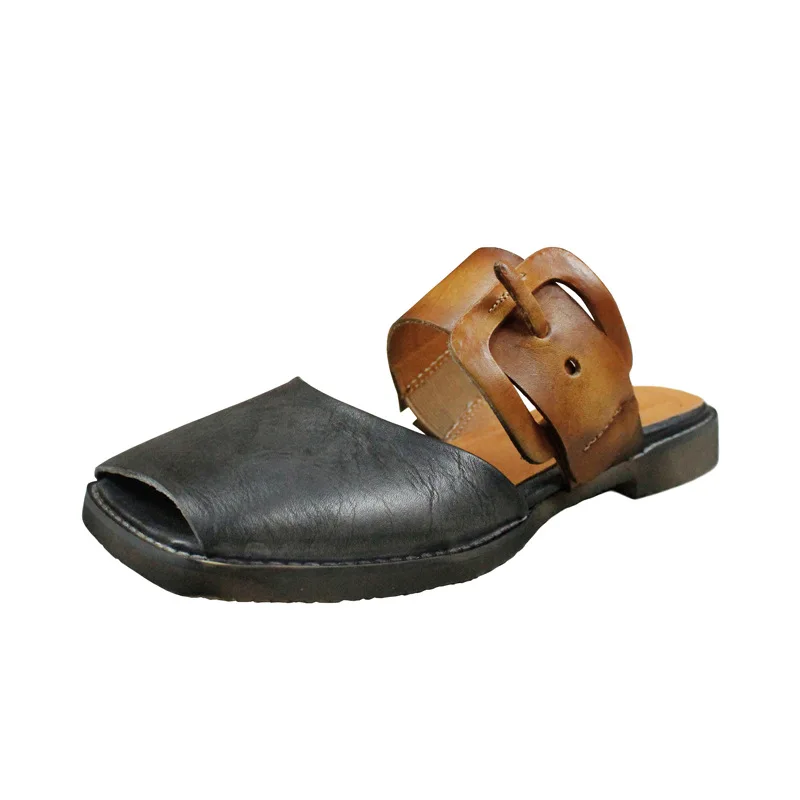 

2019 spring new retro art flat slippers female belt buckle fish mouth square head leather sandals