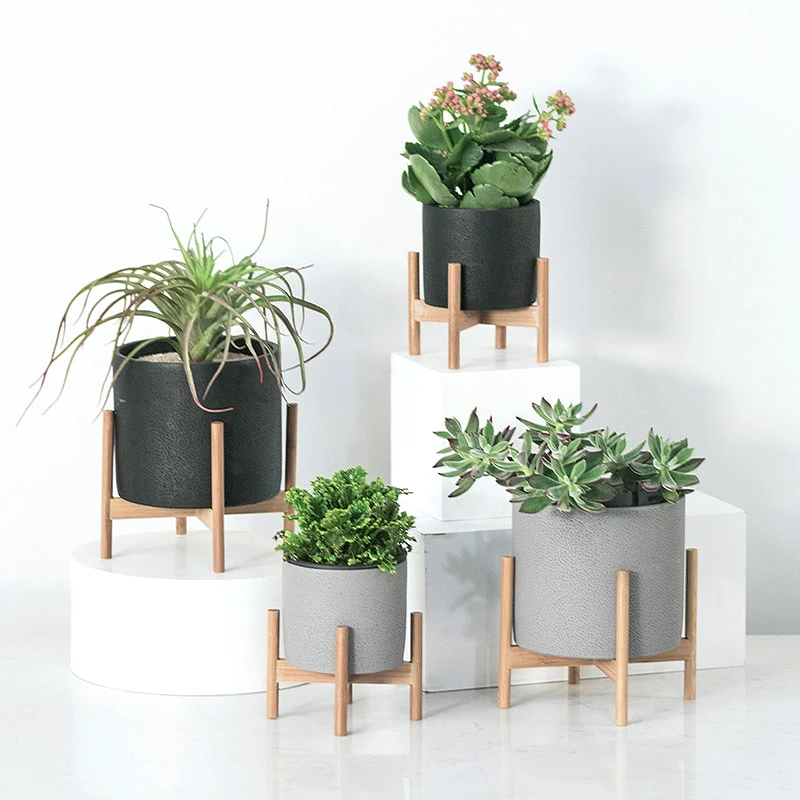 2019 Nordic desktop solid wood flower stand cement fleshy flower pot creative simple living room balcony assembly flowerpot