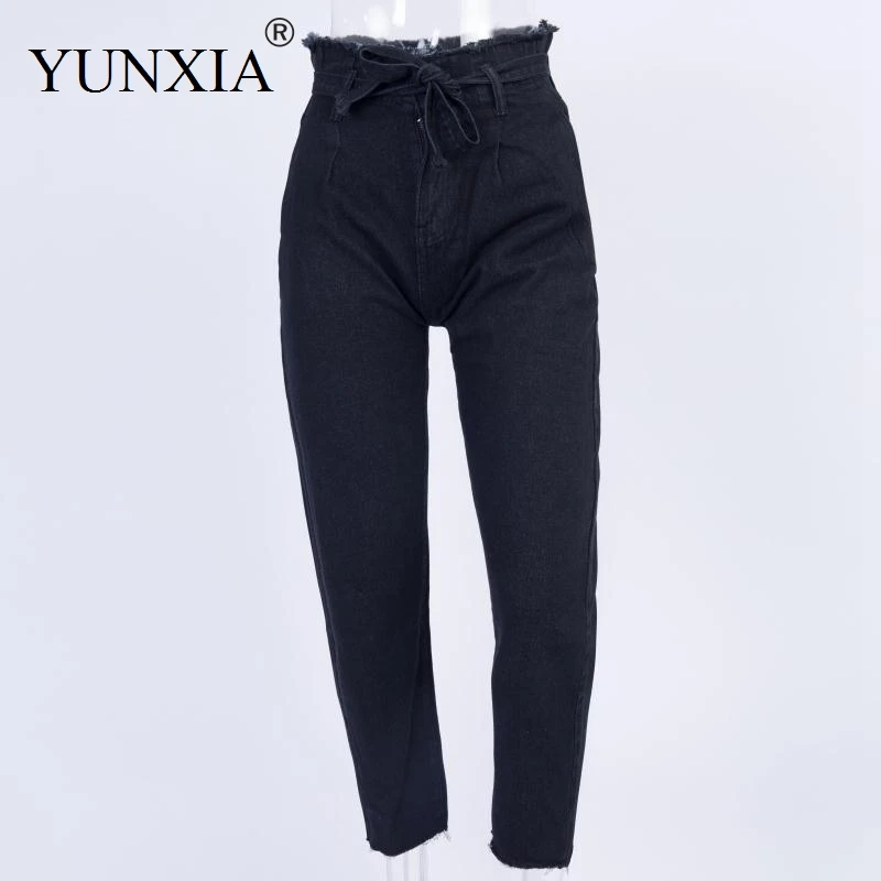 YUNXIA Vintage Tassel High Waist Jeans With Bow Tie Belt