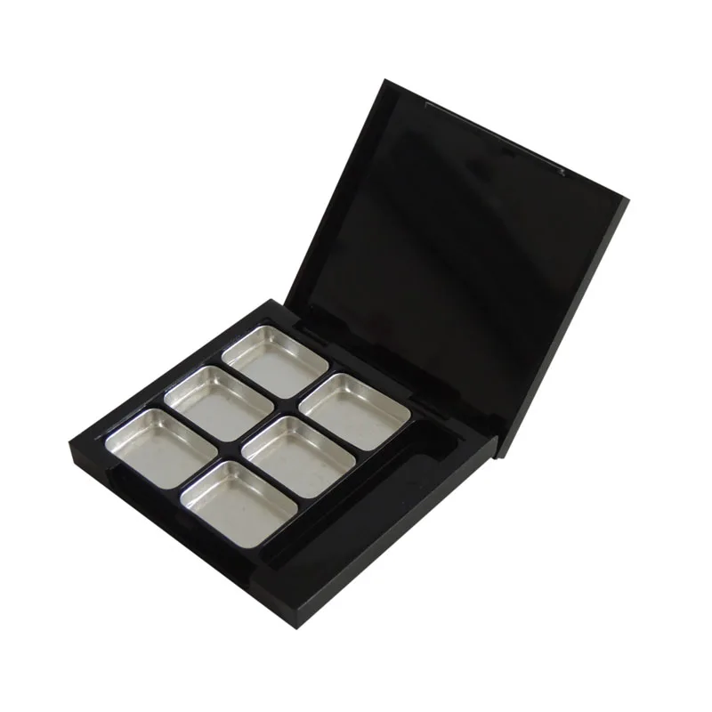 50pcs black plastic square 6 slots eye shadow case with aluminum pan