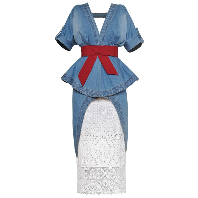 

HIGH STREET New Fashion 2018 Designer Runway Suit Set Women's Stylish V-neck Dovetail Denim Dress + Lace Skirt Suit Set 2pcs