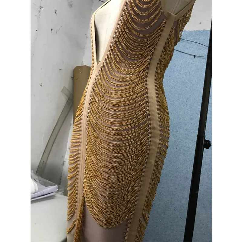 Модное женское Бандажное платье высокого качества золотистого цвета ручной работы с металлической цепочкой сияющее роскошное платье знаменитостей для коктейльной вечеринки vestidos