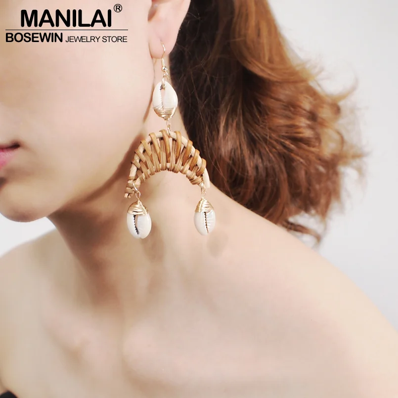 

MANILAI Bohemia Straw Rattan Knit Shell Dangle Earrings For Women Circular Big Geometric Statement Earrings Beach Jewelry
