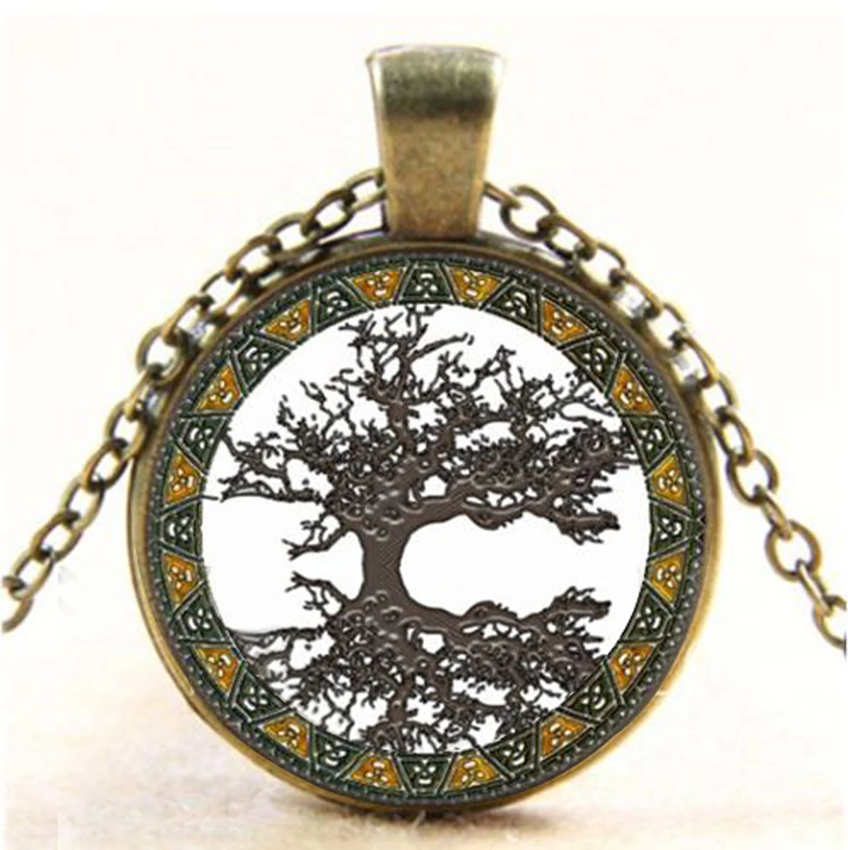 Vintage Tree Of Life Cabochon Glass Bronze Chain Pendant Necklace Jewelery