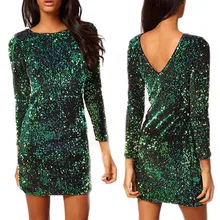 FANALA Sequined Dress Women Party Sexy Dress Stretch Bodycon Spring Autumn O-Neck Long Sleeve Backless Mini Dress Green Vestido