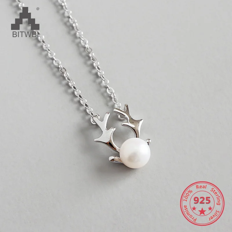 

100% S925 Sterling Silver Christmas Gift Deer Elk Antlers Pearl Necklaces & Pendants For Women High Quality Jewelry
