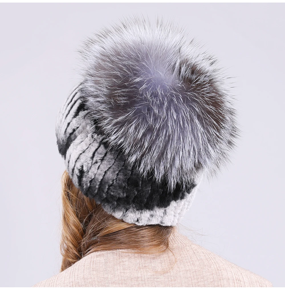 Outdoor Women Warm Soft Genuine Rex Rabbit Fur Hat Knitted Natural Real Sliver Fox Fur Caps Winter Real Rabbit Fur Beanies Hats